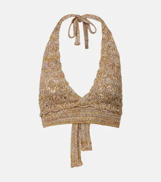 Valentino Open-knit linen-blend lam&eacute; crop top