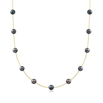 Ross-Simons 6-6.5mm Black Cultured Pearl Station Necklace in 14kt Yellow Gold
