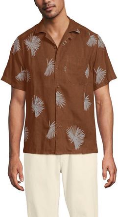 Lands End Short Sleeve Camp Collar Hawaiian Shirt in Rich Ginger Brown Fan Palm at Nordstrom, Size Xx-Large