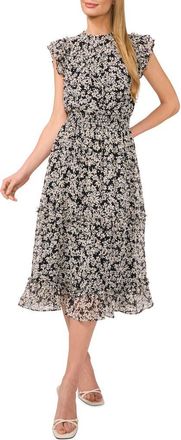 CeCe by Cynthia Steffe Floral Flutter Sleeve Smocked Midi Dress in Rich Black at Nordstrom, Size X-Small