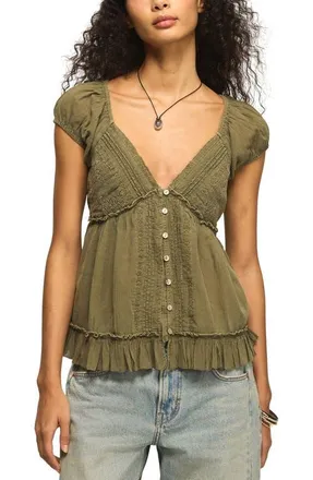 Lucky Brand Pleated Lace Trim Plunge Neck Babydoll Top in Dusty Olive at Nordstrom, Size Xx-Large