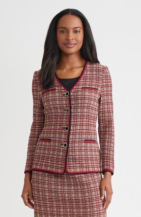 Misook Tailored Plaid Multi-Stitch Knit Jacket in Scarlet Red/truffle at Nordstrom, Size Xx-Large