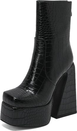 Generic Womens Square Toe Chunky Platform Elastic Ankle Boots with Thick Sole & High Heel for Autumn Winter,Black Texture,7.5 UK