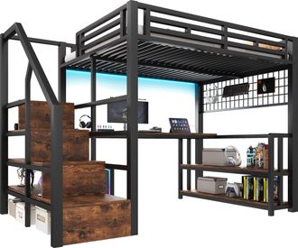 STILVORA Cama Alta 140 X 200 Cm Con Escalera De Almacenamiento, Escritorio, Led, Usb Y Usb-c, Sin Colch&oacute;n, De Metal, Negro