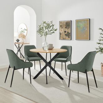 Furniturebox Novara 100cm Oak Veneer Top Dining Table & 4 Green Beaumont Chairs in Brown