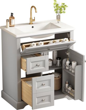 STILVORA Mueble Bajo Lavabo Con 1 Puerta, 3 Cajones, Lavabo De Cer&aacute;mica Y Estante Ajustable Para Ba&ntilde;o En Mdf 76 X 46 X 87 Cm Gris