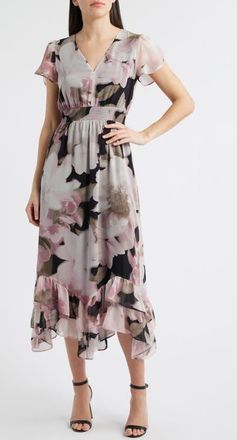 Anne Klein Print Ruffle Midi Dress in Anne Black/Grey Multi at Nordstrom, Size 2P
