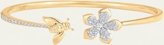 Sara Weinstock 18K Two-Tone Gold Queen Bee Diamond Partial Flower And Bee Open Bangle Cuff