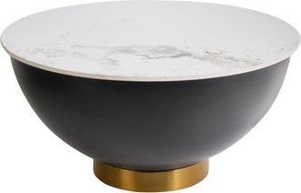 Beliani Coffee Table Sintered Stone Top White Natural Look Black Metal Base Gold Accent with Storage Modern Glam Design ø 74 cm Nadine