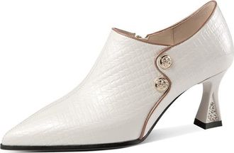 TinaCus Pointed Toe Patent Leather Handmade Side Zipper Mid Chunky Heels Womens Stylish Pumps Shoes with Buttons Decor, Off-white, 2.5 UK