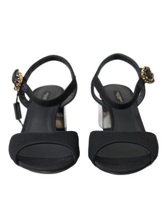 Dolce & Gabbana Womens Black Crystals Ankle Strap Sandals Shoes Wool Viscose Leather