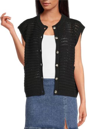 Elan Sweater Knit Cap Sleeve Button Front Cardigan In Black