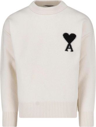 Ami Cream Wool Sweater with Intarsia Heart and Logo Detail