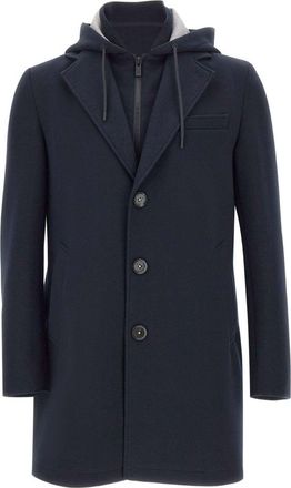 Manuel Ritz Navy Blue Wool Coat With Removable Bib And Adjustable Hood