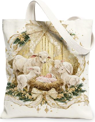 Generic Christmas Animal Canvas Tote Bags, Rustic Farm Design Reusable Grocery Bags, Vintage Lightweight Washable Shoulder Strap Ca, White, 13x15 Inch