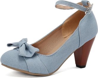 Generic Women Denim Pumps Round Toe Pointed Heel Bow Decor Ankle Strap Buckle Non Slip Durable Comfortable Dress Party Office Shoes,Light Blue,10.5 UK