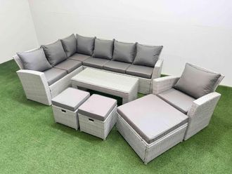 Fimous Outdoor 10 Seater Corner Sofa Sets with Chair 3 Stools Light Grey
