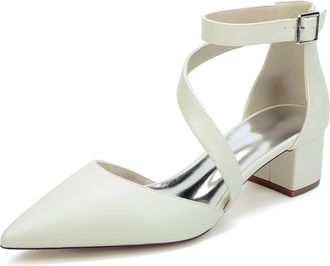 Generic Wedding Shoes Womens Bridal Low Heel Pumps Closed Pointed Toe Chunky Heel Bridal Party Dress Shoes 4.5Cm,Off White,10 UK
