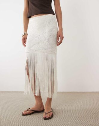 Asos Gonna lunga in maglia alluncinetto con frange-Bianco