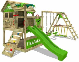 Fatmoose Parque Infantil De Madera Tikataka Con Columpio Surfswing Y Tobog&aacute;n Casa Sobre Pilares De Exterior Con Arenero Y Escalera Para Ni&ntilde;os - Verde Manzana -