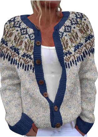 Generic Cardigans for Women Lightweight Long Sleeve Sweaters Retro Ethnic Style Knit Jackets Fall Open Front Cardigan Sweater Casual Button Down Sweatshirts P