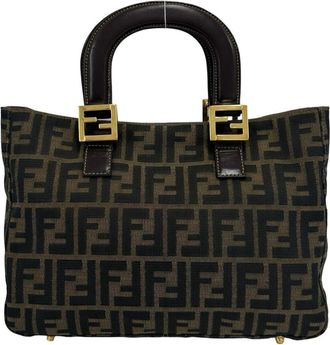 Fendi Black Brown Canvas Leather Handbag Tote Bag (Pre-Owned)