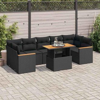 vidaXL Set Sof&aacute;s Jard&iacute;n Y Cojines 8 Pzas Rat&aacute;n Sint&eacute;tico Acacia Negro Vidaxl