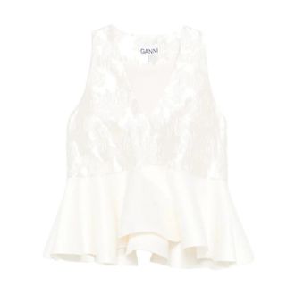 Ganni Sleeveless Tops, female, Gray, Size: S Satin Cloque Peplum Top