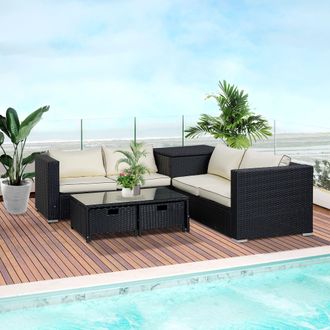 OUTSUNNY 4Pcs Patio Rattan Sofa Garden Furniture Set Table w/ Cushions in Black