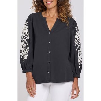 NYDJ Embroidered Balloon Sleeve Cotton Button-Up Shirt in Black/Ivory Combo at Nordstrom, Size Xx-Small