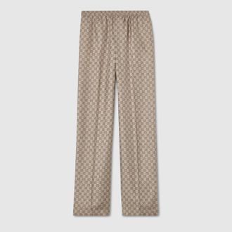 Gucci Printed Silk Twill Pants, Size 44, Beige, Ready-to-wear