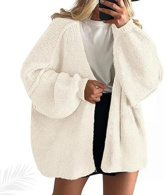 Generic Womens Oversized Cardigan Sweaters, Open Front Knit Casual Long Lantern Sleeve Fall Sweater Coats Lightweight Sweater (White,XXL)