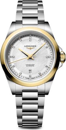 Longines Conquest 18K Gold Bezel, Mother-of-Pearl & Diamond Automatic Bracelet Watch, 30mm in White Mother-Of-Pearl at Nordstrom