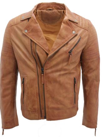 Infinity Leather Mens Slim Fit Brando Style Cross Zip Biker Jacket - Tan - Size X-Large