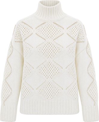 Liu Jo White High-Neck Openwork Pearl Embellished Wool Sweater
