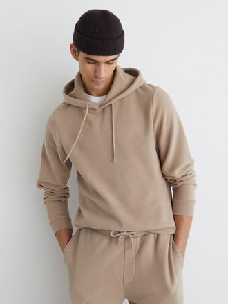 Reiss Camel Brown Cotton-blend Brushed Ribbed Hoodie, Xxl
