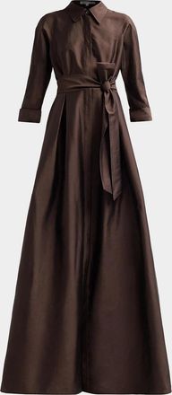 Teri Jon 3/4-Sleeve Taffeta Shirtdress Gown