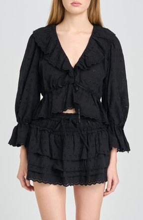 Wayf Sophia Eyelet Lace Trim Babydoll Crop Top in Black at Nordstrom, Size X-Small