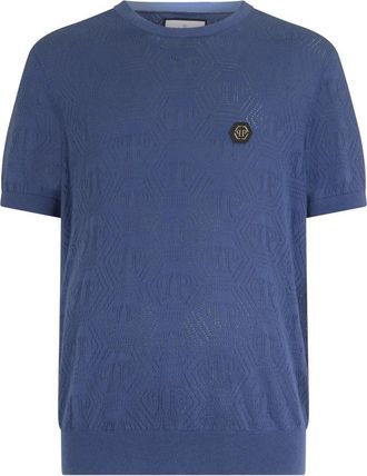 Philipp Plein Ronde hals T-shirt Openwork Monogram - Heren - Ronde hals truien - Blauw - XL - Katoen - Truien & Vesten