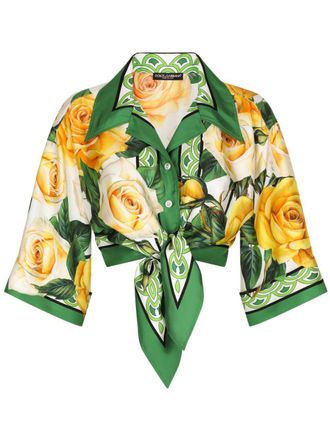 Dolce & Gabbana rose-print cropped silk shirt - women - Silk - 42 - Green