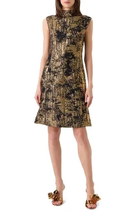 Akris Fragmented Techno Lam&eacute; Jacquard Dress in Gold-Black at Nordstrom, Size 12