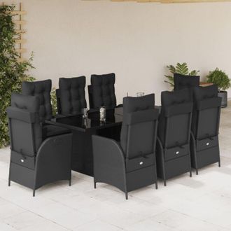 vidaXL Set De Comedor De Jard&iacute;n 9 Pzas Y Cojines Rat&aacute;n Sint&eacute;tico Negro Vidaxl