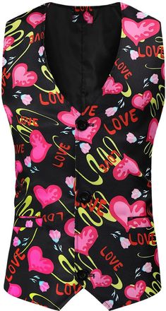 Generic Mens Valentines Day Formal Waistcoat, Business Wedding Vest Casual Print Multi Colors Shawl Neck Slim Fit Dress Vest Wedding Waistcoat Single Breasted