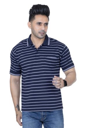 ACTIVEWEAR Striped T-Shirt for Men Short Sleeve Contrast Collar with Pocket 100% Polyester Casual Tops Size S to XXL, Multicolor (XXL, Navy)