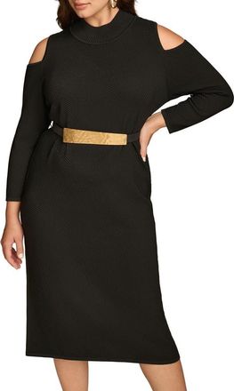 DKNY Poly Belted Cold Shoulder Midi Dress in Black at Nordstrom, Size 2X