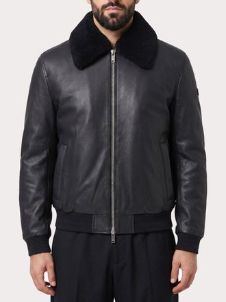 Moose Knuckles Lamb Leather Bomber Jacket with Shearling Collar