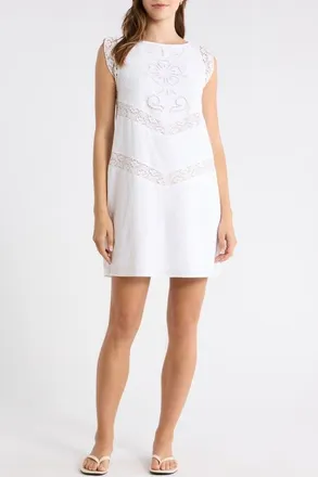 Lucky Brand Schiffli Linen Blend Shift Dress in Bright White at Nordstrom, Size Xx-Large
