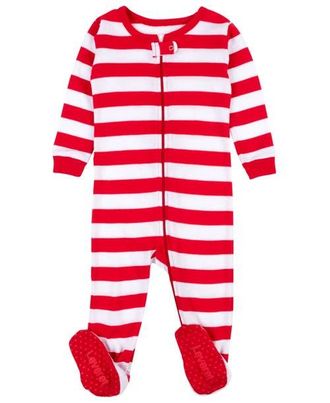 Leveret Kids Footed Striped Cotton Matching Family Holiday Pajamas in Red, White & Green Stripes at Nordstrom, Size 18-24M