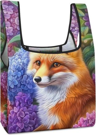 Generic Fox Colorful Flowers Shopping Bag Reusable Grocery Tote Bag Foldable Handbag for Travel Picnic