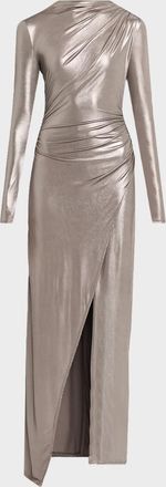 Sally Lapointe Ruched Coated Jersey Long-Sleeve Maxi Dress